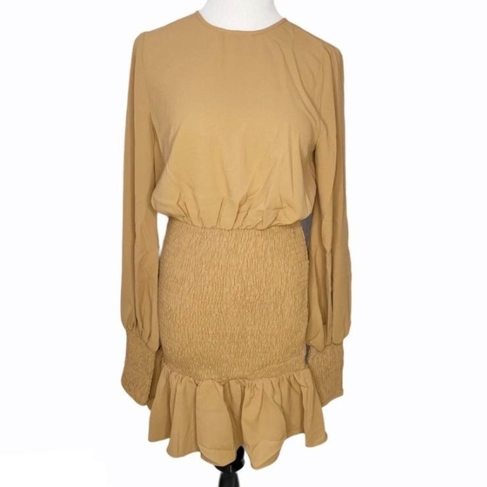 NEW WINTER MUSE Jasmine Smocked Tan Mini Dress 4